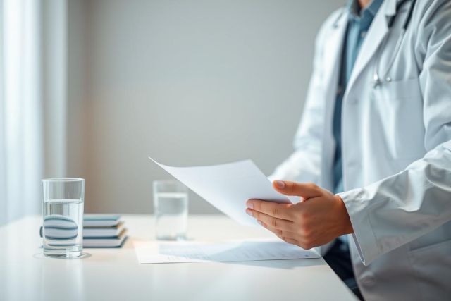 Doctor reviewing medical documents in a bright, modern office. Focus on hands holding papers, with a glass of water and notebook nearby. Healthcare, medical examination, and clinical setting themes.