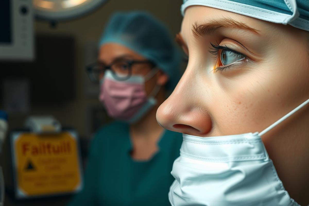 The image is set in an operating room with medical staff preparing for a surgical procedure. The central figure, likely the patient, is wearing a surgical mask and a blue cap. A nurse, also wearing protective gear, stands by to assist. The atmosphere suggests clinical sterility and professionalism, common in pre-surgical environments.