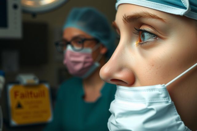 The image is set in an operating room with medical staff preparing for a surgical procedure. The central figure, likely the patient, is wearing a surgical mask and a blue cap. A nurse, also wearing protective gear, stands by to assist. The atmosphere suggests clinical sterility and professionalism, common in pre-surgical environments.