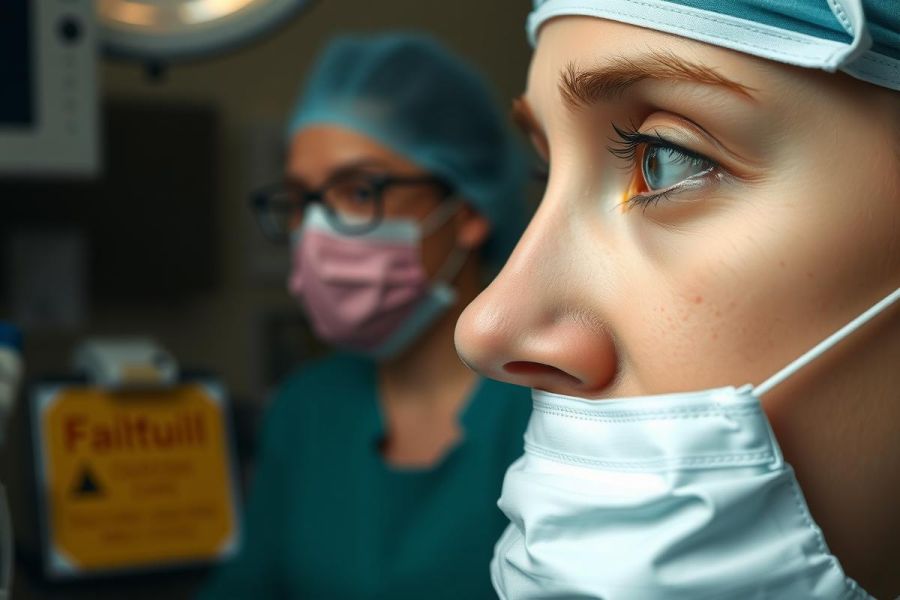 The image is set in an operating room with medical staff preparing for a surgical procedure. The central figure, likely the patient, is wearing a surgical mask and a blue cap. A nurse, also wearing protective gear, stands by to assist. The atmosphere suggests clinical sterility and professionalism, common in pre-surgical environments.