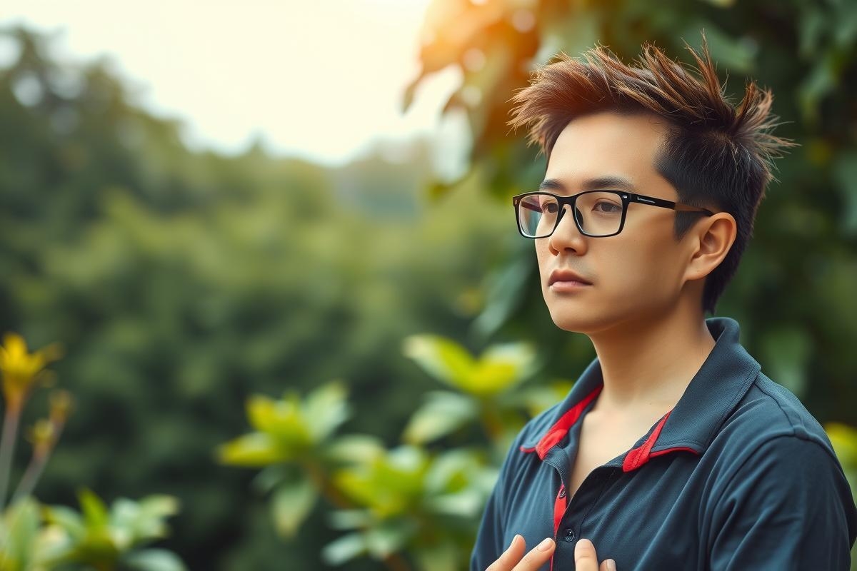 The painting depicts a young man standing outdoors. He wears glasses and has short, dark hair. He appears to be gazing thoughtfully to the side, as if speaking or deep in thought.