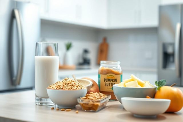 Fall breakfast spread featuring pumpkin butter, milk, granola, apples, and nuts on a white kitchen counter. Warm orange and beige tones create a cozy autumnal scene. Healthy food, seasonal ingredients, and a bright, clean aesthetic.