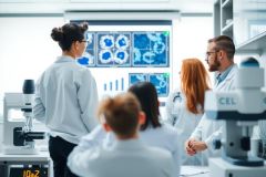 Scientists in lab coats observe microscope slides, likely analyzing samples. The laboratory environment features scientific equipment and a focused research setting. The scene conveys a focus on research and analysis.