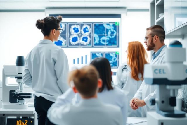 Scientists in lab coats observe microscope slides, likely analyzing samples. The laboratory environment features scientific equipment and a focused research setting. The scene conveys a focus on research and analysis.