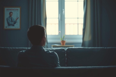 The image is a still from a movie or television show. In the foreground, there's a man seated on a couch in an indoor room with dim lighting. He has his head down and appears to be in a state of distress or deep thought. 