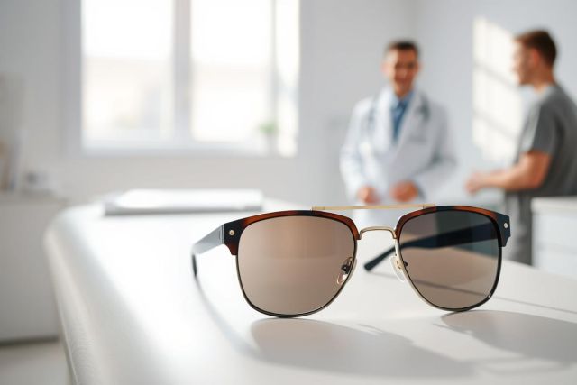 Stylish brown sunglasses on a white counter in an eye doctor's office. A blurred background shows a doctor and patient. Focus on eyewear, eye care, and optical services. Warm tones and bright lighting.