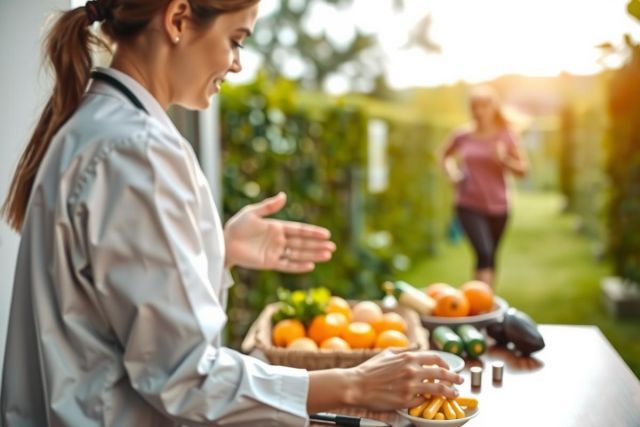 The image shows an outdoor scene where a person is seated at a table with fresh fruits like oranges and apples. The individual appears to be engaged in conversation while gesturing towards the food items. In the background, another person is jogging along a pathway lined with green plants.