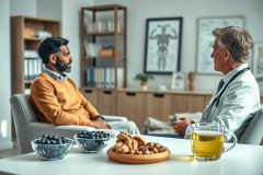 Doctor consults with a patient in a bright, modern office. The scene includes healthy snacks like nuts and berries, suggesting wellness and preventative care. Warm tones and a professional setting convey a focus on health and medical consultation.