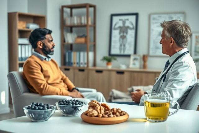 Doctor consults with a patient in a bright, modern office. The scene includes healthy snacks like nuts and berries, suggesting wellness and preventative care. Warm tones and a professional setting convey a focus on health and medical consultation.