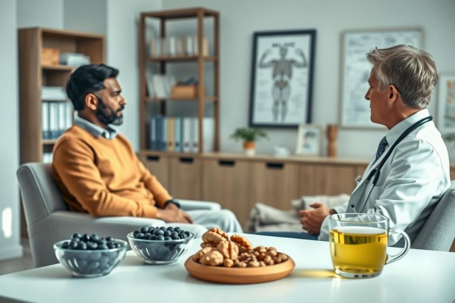 Doctor consults with a patient in a bright, modern office. The scene includes healthy snacks like nuts and berries, suggesting wellness and preventative care. Warm tones and a professional setting convey a focus on health and medical consultation.