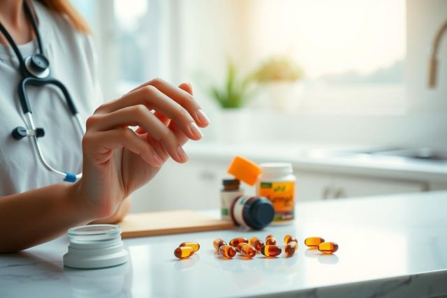 Healthcare professional examining vitamin supplements on a marble surface. Close-up shows orange capsules and a bottle, suggesting health, nutrition, or pharmacy context. Bright, clean environment.