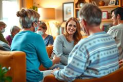 This is an image of a gathering of people in a living room. The group includes both men and women, who appear to be engaged in conversation. They are all seated on chairs around a central area where they are gathered. The atmosphere seems friendly and relaxed.