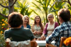 This is a group of people gathered outdoors in what appears to be a garden or park setting. They are seated around a table, engaged in conversation with each other. 
