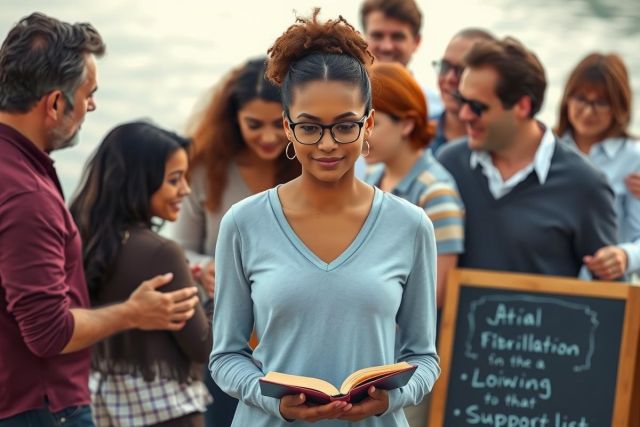 The image features a woman wearing glasses who appears to be reading or studying, possibly from a Bible or similar text. She is surrounded by several people engaged in conversation. 