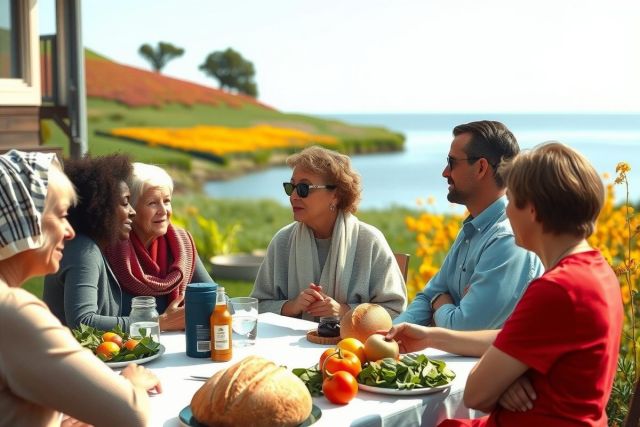 In this image, a group of people are gathered around an outdoor dining table enjoying a meal together. The setting appears to be in a park or garden with lush greenery and vibrant flowers.