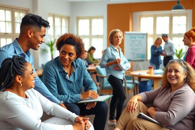 A diverse group of people engaged in a workshop or meeting. They are seated around a table, conversing and collaborating with each other. The environment appears to be an open and modern office space, facilitating a casual yet professional atmosphere.
