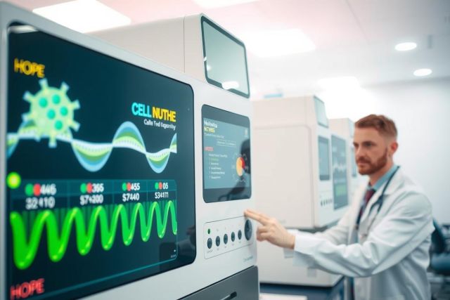 Scientist in lab coat interacting with a cell culture incubator. Modern laboratory setting with sterile white environment. Focus on scientific research and biotechnology.