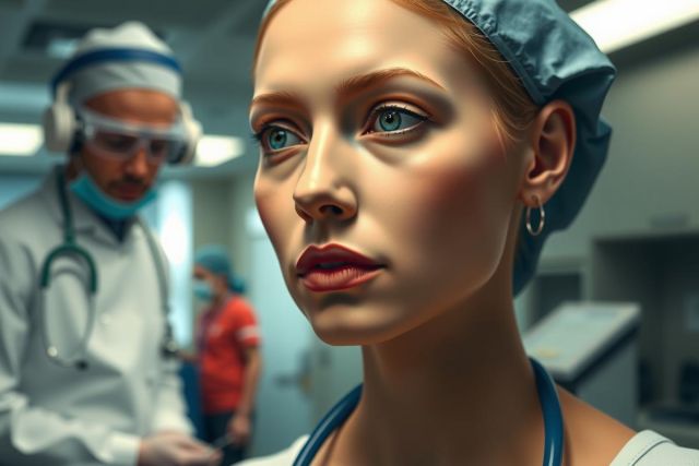 The image depicts a medical setting with a woman in scrubs seated at a table as a doctor and nurse stand nearby. The colors are muted, reflecting an environment of care and seriousness.