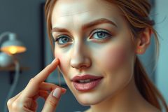Portrait of a young woman with striking blue eyes and a subtle smile, bathed in soft light. Close-up shot featuring warm tones and a minimalist, modern background. Focus on beauty, elegance, and a contemplative mood.