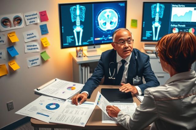 The image shows a professional setting with two individuals, likely in a medical or healthcare context. There is a man seated at the desk who appears to be a doctor or clinician, as indicated by his white coat and stethoscope. The woman standing next to him seems to be engaged in conversation, suggesting that they might be discussing patient care or medical matters.