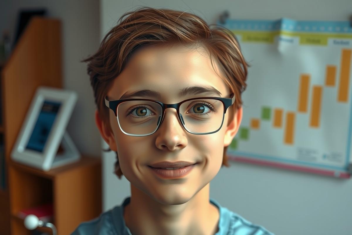 The image features a young man with glasses and a friendly expression. He is seated at what appears to be a desk or workspace, given the presence of papers and possibly a calendar in the background. The man's attire and environment suggest an indoor setting, perhaps his home or office. His eyes are not fully visible, adding a touch of mystery to the image.