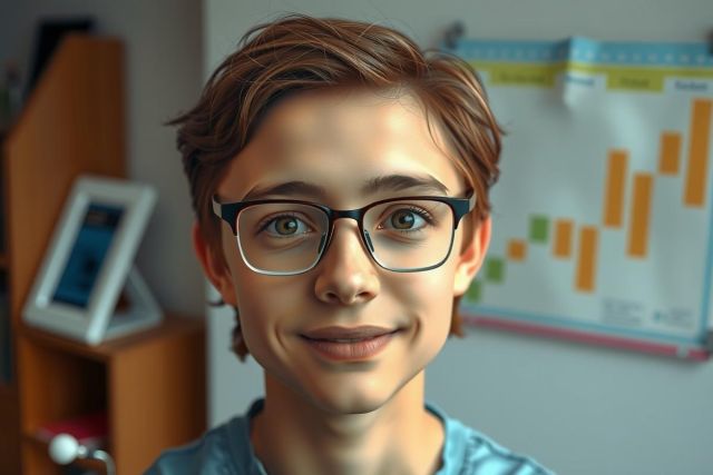 The image features a young man with glasses and a friendly expression. He is seated at what appears to be a desk or workspace, given the presence of papers and possibly a calendar in the background. The man's attire and environment suggest an indoor setting, perhaps his home or office. His eyes are not fully visible, adding a touch of mystery to the image.