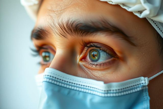 The image shows a person wearing medical protective gear, including a face mask and possibly other personal protective equipment (PPE), suggesting they are in a healthcare setting or taking precautions for health safety. The individual has light skin and is looking directly at the camera with a focused expression.