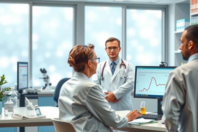 The image depicts a professional medical setting with three doctors engaged in discussion. One doctor is at the front, possibly presenting information on a large screen to two other doctors who appear attentive. They are dressed in white coats and stethoscope around their neck, suggesting they are either discussing patient cases or collaborating on a medical project.