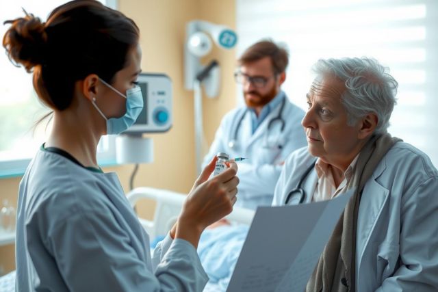 A medical team in a hospital room, discussing patient care. The healthcare professionals include doctors and nurses.