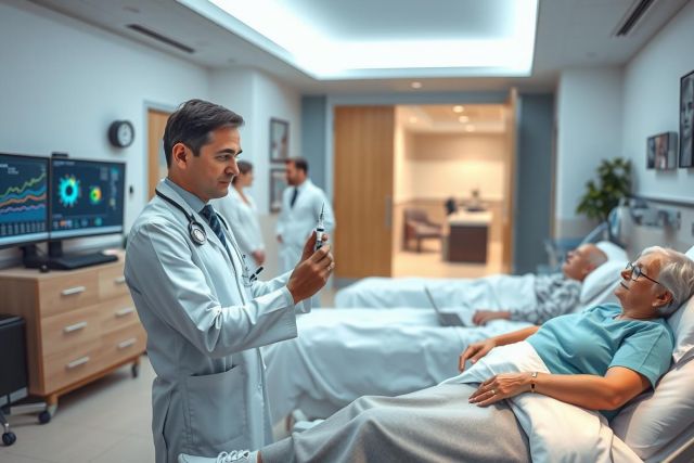 Image of a hospital room where a doctor is attending to an elderly patient. The doctor, wearing scrubs and a stethoscope, stands on the right side of the bed, interacting with the patient who appears to be in distress or need of medical attention.