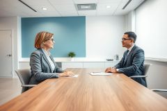 Business meeting in a modern office. Two professionals, a woman and a man in suits, are seated at a wooden conference table discussing documents. The room features a blue accent wall and neutral tones, conveying a professional and corporate atmosphere. Focus on collaboration and business discussions.