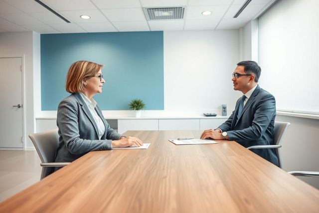 Business meeting in a modern office. Two professionals, a woman and a man in suits, are seated at a wooden conference table discussing documents. The room features a blue accent wall and neutral tones, conveying a professional and corporate atmosphere. Focus on collaboration and business discussions.
