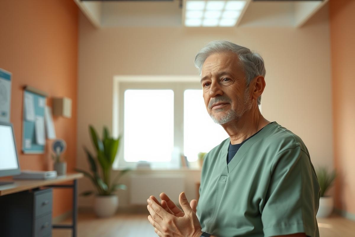 The image features a man in a medical environment. He is wearing scrubs and suggesting he might be a doctor or healthcare professional. The office has a modern, clean design with large windows allowing natural light to enter the room.