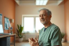 The image features a man in a medical environment. He is wearing scrubs and suggesting he might be a doctor or healthcare professional. The office has a modern, clean design with large windows allowing natural light to enter the room.