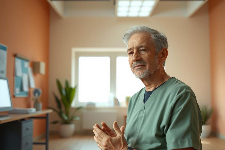 The image features a man in a medical environment. He is wearing scrubs and suggesting he might be a doctor or healthcare professional. The office has a modern, clean design with large windows allowing natural light to enter the room.