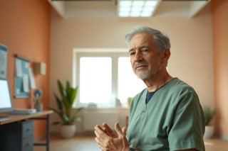 The image features a man in a medical environment. He is wearing scrubs and suggesting he might be a doctor or healthcare professional. The office has a modern, clean design with large windows allowing natural light to enter the room.