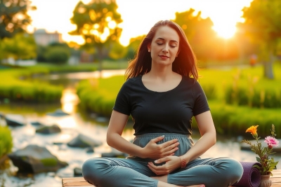 The image portrays a woman in the midst of meditation during sunset. She is seated on a stone bench, her legs crossed in a yoga pose. The serene setting includes a water feature with plants and flowers nearby. The colors are warm and soft, highlighting the tranquil environment.