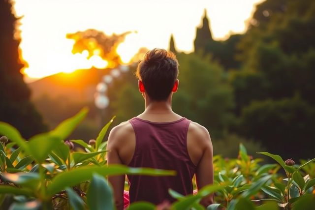The image depicts a person in a meditative pose at sunrise or sunset. The individual is standing in the center of a field, surrounded by vegetation that resembles tea plants, given their shape and size. 