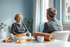 Senior couple in a bright, airy room discussing home renovations. An architect or designer is present, with plans and fruit on the table. Warm tones and natural light create a comfortable, modern interior setting. Retirement, home improvement, and senior living themes.