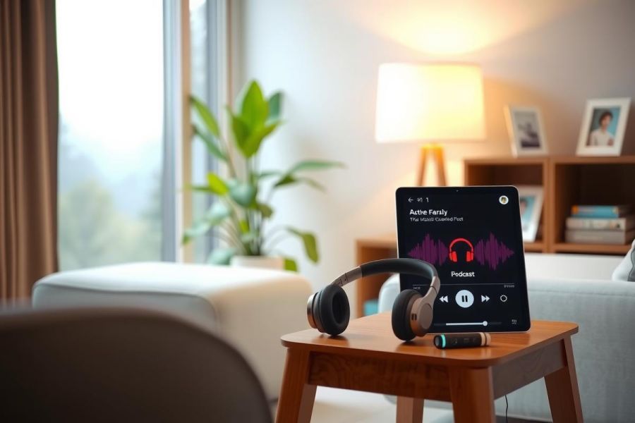 Cozy living room scene with headphones on a wooden table next to a tablet displaying music. Warm light, modern decor, and a sense of relaxation are conveyed in this inviting space.