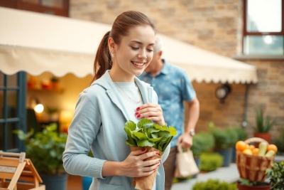 In this image, a woman stands in front of what appears to be a covered area, such as a vegetable stand or market stall. She holds a bunch of green plants, likely fresh herbs or vegetables, and appears cheerful, as if she's just purchased something or found something she likes.