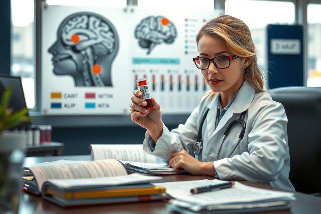 A young female doctor, in a modern well-lit office. She is wearing glasses and a white lab coat. The environment includes medical equipment, papers, and diagrams on the wall.