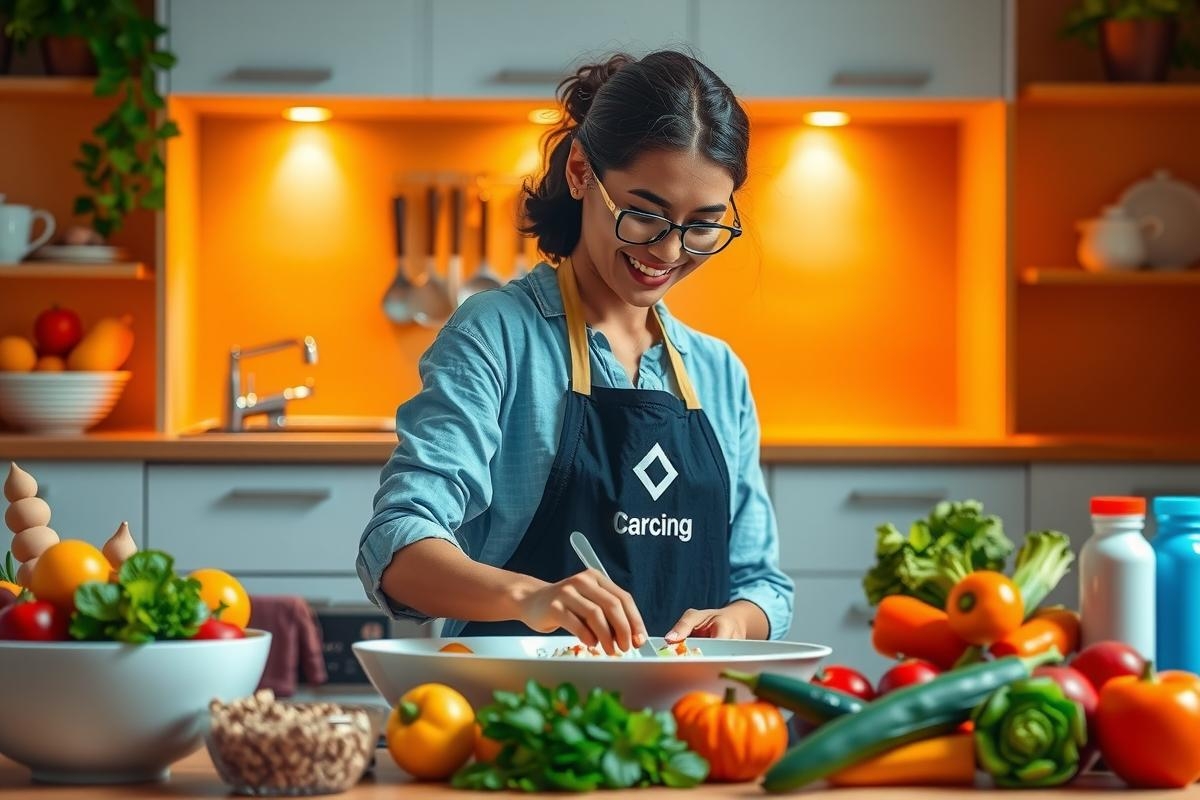 The image shows a woman in the kitchen, wearing an apron and using a cutting board to prepare food. She is smiling at the viewer, suggesting she is cooking for them. Various fresh fruits and vegetables are on the counter, indicating that she might be preparing a healthy meal. 