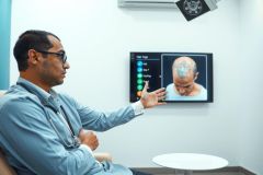 Man in blue shirt seated, gesturing while facing a screen displaying a close-up of a face. Modern office setting with white walls and a table. Professional setting, potentially a consultation or presentation.