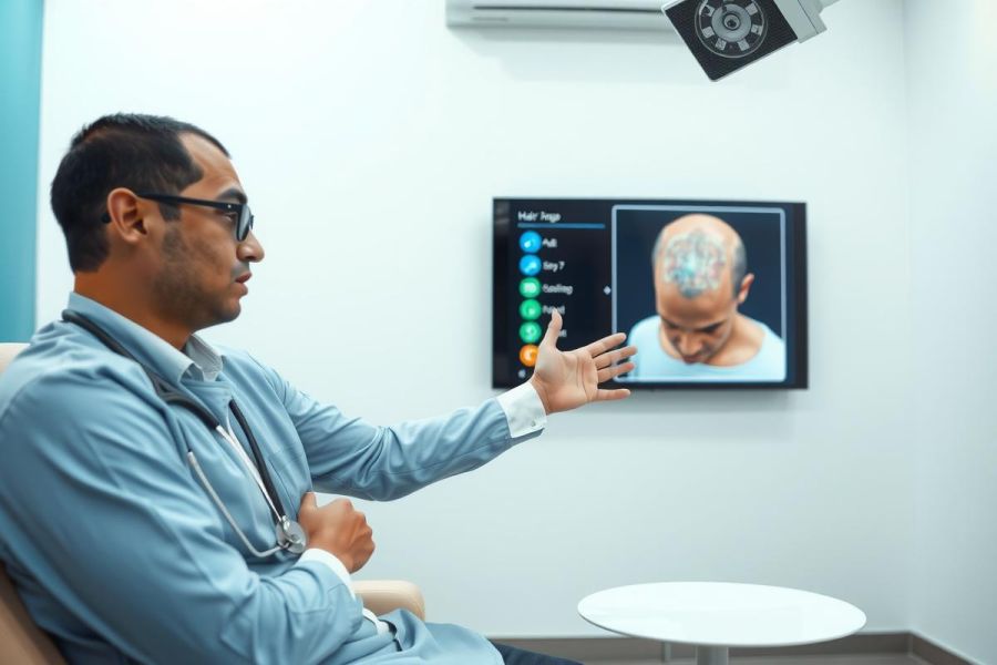 Man in blue shirt seated, gesturing while facing a screen displaying a close-up of a face. Modern office setting with white walls and a table. Professional setting, potentially a consultation or presentation.
