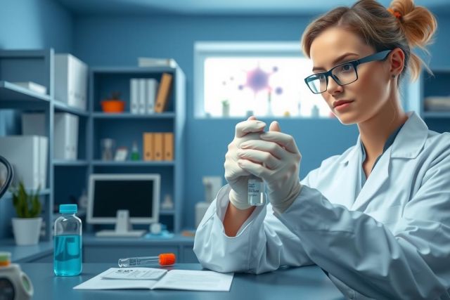 Image of a scientist in a lab, wearing gloves and conducting an experiment with test tubes.