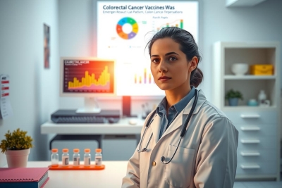 The image depicts a female doctor in a modern medical office setting. She is wearing a white lab coat over a blue shirt, standing behind a desk with various scientific equipment and data displays on screens behind her.