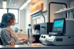 Laboratory technician in protective gear operates lab equipment. A focus on scientific analysis and research in a cleanroom environment. Featuring vials, a computer screen, and a sterile workspace.