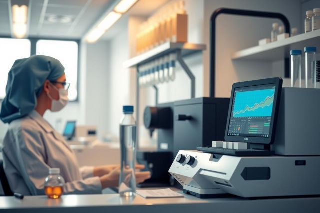 Laboratory technician in protective gear operates lab equipment. A focus on scientific analysis and research in a cleanroom environment. Featuring vials, a computer screen, and a sterile workspace.