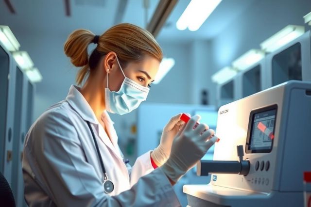 Lab technician in a white coat and mask analyzes a sample in a modern lab setting. The image showcases scientific research, healthcare, and biotechnology, with a focus on precision and safety.